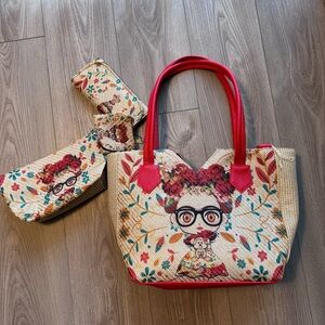 Red-Handle Floral Cartoon Tote Bag Set